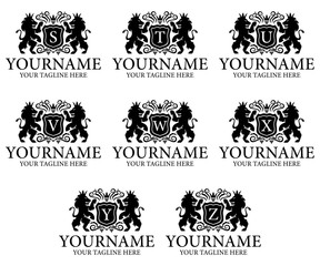 Heraldry letter S, T, U, V, W, X, Y, Z and crest, lion with crown and shield, logo design. Animal, nature, plant and leaves, vector design and illustration