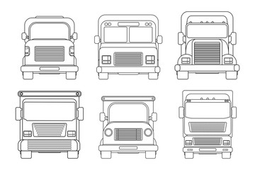 Set of lorry outline car. Heavy truck for transportation various objects. Vector line illustration isolated on white. Front view. © Ilya_kovshik
