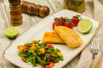 Grilled fish and vegetables. Fish dish - fish fillet and vegetables homemade