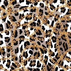 seamless pattern with gold chain on lepard skin , belt and pearls.vector illustration.