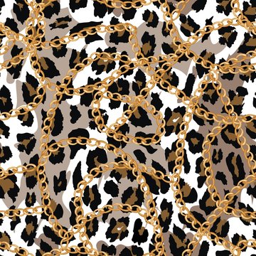 seamless pattern with gold chain on lepard skin , belt and pearls.vector illustration.