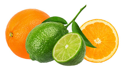 Fresh lime and orange isolated on white background with clipping path