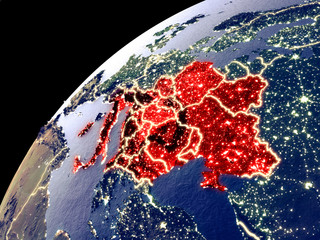 Satellite view of CEI countries on Earth with city lights. Extremely detailed plastic planet surface with real mountains.