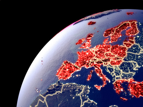 Satellite view of OECD European members on Earth with city lights. Extremely detailed plastic planet surface with real mountains.