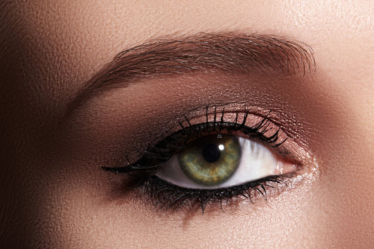 Beautiful Macro Shot of Female Eye with Classic Eyeliner Makeup. Perfect shape of eyebrows. Cosmetics and make-up