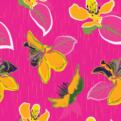 Vibrant hand-drawn flower blossoms and leaves in hot pink, yellow and green. Exotic spring / summer tropical seamless vector pattern for textiles, home decor, fashion, invitations and graphic design.