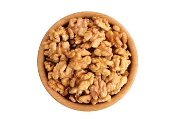 Big shelled walnuts in bamboo bowl on white background