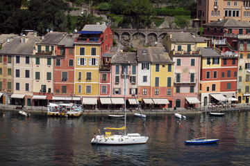 Potofino, Italy 04-12-2011 The colorful waterfront buildings and harbor of Portofino, a resort town on the Italian Riviera.
