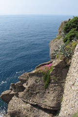 The rocky coast and cliffs of Portofino, a resort town on the Otalian Riviera souteast of Genoa.