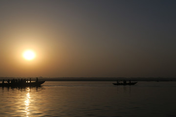 Fototapeta na wymiar Varanasi, Uttar Pradesh India - March 25, 2017, ships on water on the Ganges river
