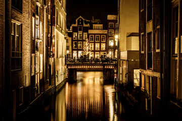 Amsterdam night landscape, night city concept. Architecture landmark city. Night lights