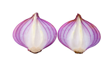 Slices of shallot onions for cooking on white background top view