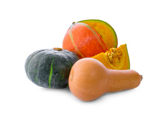 Different varieties of colorful pumpkins and squash. isolated on white background