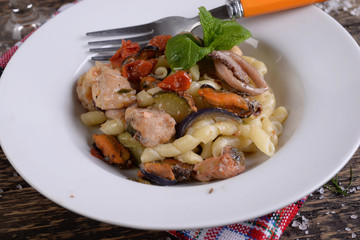 Plate with busiate and fish dressing 