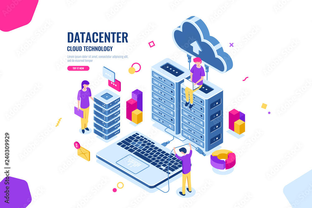 Wall mural isometric data security, computer engineer, data center and server room, cloud computing, people wor