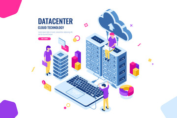 Isometric data security, computer engineer, data center and server room, cloud computing, people working together teamwork collective, color vector flat