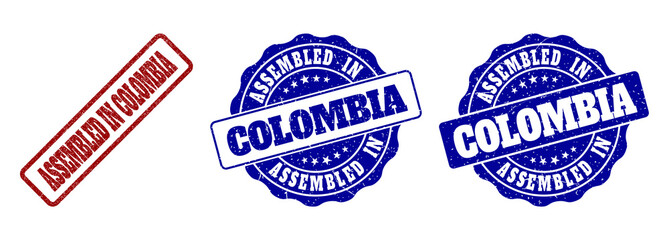 ASSEMBLED IN COLOMBIA grunge stamp seals in red and blue colors. Vector ASSEMBLED IN COLOMBIA overlays with grunge texture. Graphic elements are rounded rectangles, rosettes, circles and text labels.