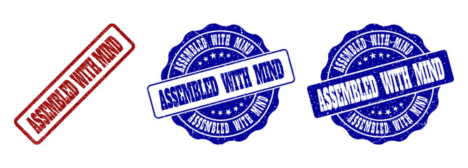 ASSEMBLED WITH MIND grunge stamp seals in red and blue colors. Vector ASSEMBLED WITH MIND labels with distress style. Graphic elements are rounded rectangles, rosettes, circles and text labels.