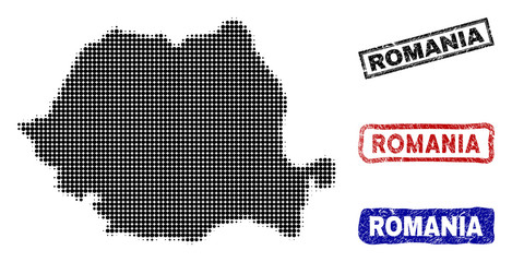 Fototapeta na wymiar Halftone dot vector abstract Romania map and isolated black, red, blue rubber-style stamp seals. Romania map tag inside rough rectangle frames and with scratched rubber texture.
