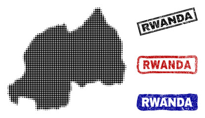 Halftone dot vector abstracted Rwanda map and isolated black, red, blue grunge stamp seals. Rwanda map title inside rough rectangle frames and with corroded rubber texture.