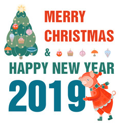 Cute pig. Merry Christmas and Happy New Year. Winter forest. Greeting card