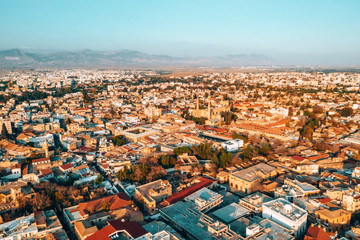 Aerial high altitude view of the iconic walled capital, Nicosia in Cyprus - obrazy, fototapety, plakaty