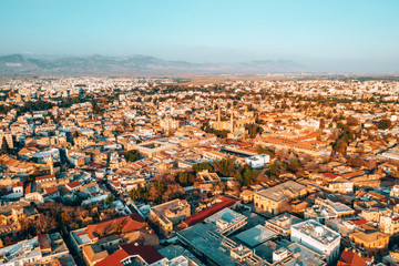 Aerial high altitude view of the iconic walled capital, Nicosia in Cyprus