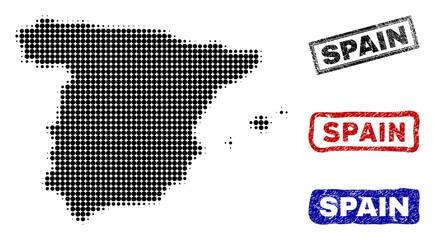 Halftone vector dot abstract Spain map and isolated black, red, blue damaged stamp seals. Spain map label inside rough rectangle frames and with corroded rubber texture.