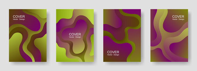 Gradient liquid shapes abstract covers vector collection. Trendy banner backgrounds design. Flux paper cut effect blob elements pattern, fluid wavy shapes texture print. Cover pages.