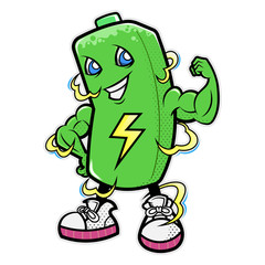 Battery Mascot shows the arm muscle to representing endurance and full charging condition Cartoon Vector