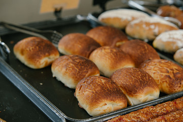 Close up of bakers are working.Homemade bread.Eating breakfast with the bread in coffee shop. Morning coffee,Bakery commercial image.