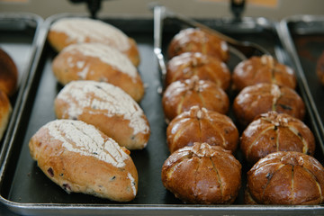 Close up of bakers are working.Homemade bread.Eating breakfast with the bread in coffee shop. Morning coffee,Bakery commercial image.