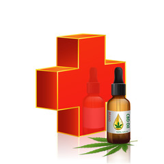 Red cross and cannabis oil bottles vector.
