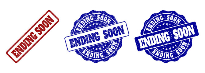 ENDING SOON grunge stamp seals in red and blue colors. Vector ENDING SOON signs with grunge style. Graphic elements are rounded rectangles, rosettes, circles and text tags.