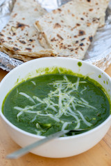 Palak paneer or spinach and cottage cheese curry is a healthy main course recipe in India. Popular Indian healthy food, served with roti or chapati