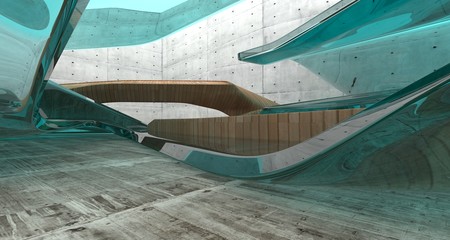 Empty dark abstract concrete and wood smooth interior. Architectural background. 3D illustration and rendering