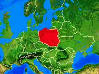 Poland from space on model of planet Earth with country borders and very detailed planet surface.
