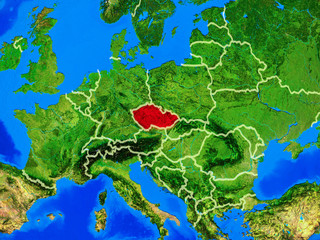 Czech republic from space on model of planet Earth with country borders and very detailed planet surface.