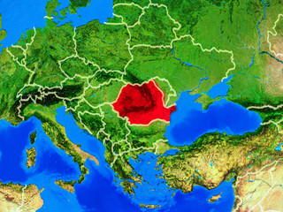 Romania from space on model of planet Earth with country borders and very detailed planet surface.