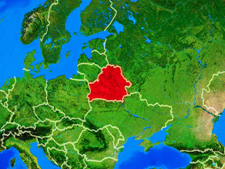 Belarus from space on model of planet Earth with country borders and very detailed planet surface.