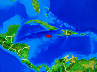 Fototapeta na wymiar Jamaica from space on model of planet Earth with country borders and very detailed planet surface.