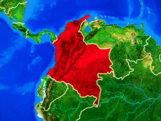 Colombia from space on model of planet Earth with country borders and very detailed planet surface.