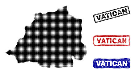 Halftone vector dot abstract Vatican map and isolated black, red, blue rubber-style stamp seals. Vatican map name inside rough rectangle frames and with unclean rubber texture.