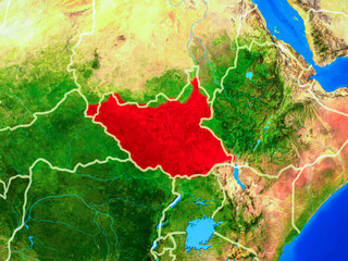 South Sudan from space on model of planet Earth with country borders and very detailed planet surface.