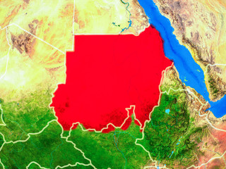 Sudan from space on model of planet Earth with country borders and very detailed planet surface.
