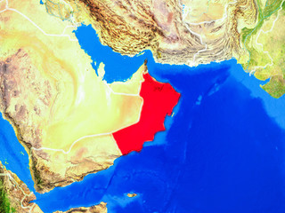 Oman from space on model of planet Earth with country borders and very detailed planet surface.