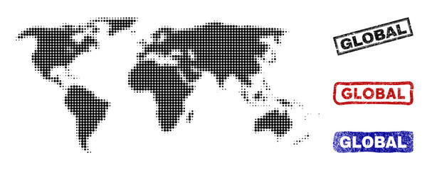 Fototapeta premium Halftone vector dot abstract world map and isolated black, red, blue rubber-style stamp seals. World map caption inside draft rectangle frames and with grunge rubber texture.