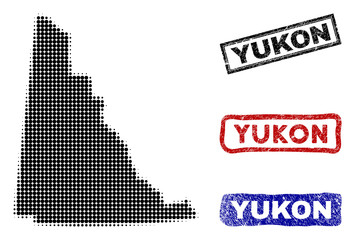 Halftone vector dot abstracted Yukon Province map and isolated black, red, blue rubber-style stamp seals. Yukon Province map label inside rough rectangle frames and with distress rubber texture.