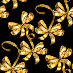 Seamless pattern with watercolor gold bows on a black background