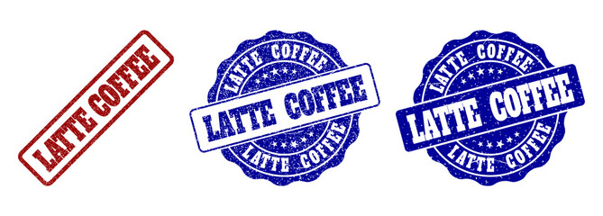 LATTE COFFEE grunge stamp seals in red and blue colors. Vector LATTE COFFEE marks with scratced effect. Graphic elements are rounded rectangles, rosettes, circles and text tags.